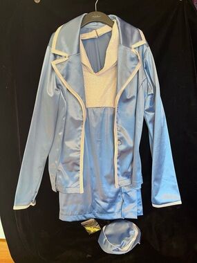 Revolution Light Blue Satin Jacket with White Trim, matching dress & hat.